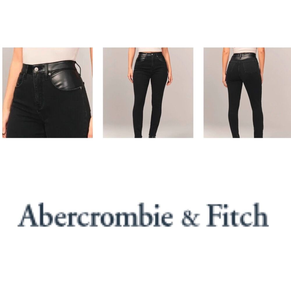 NWT 14R Abercrombie & Fitch Super Skinny High Rise Jeans Black w/ Faux Leather